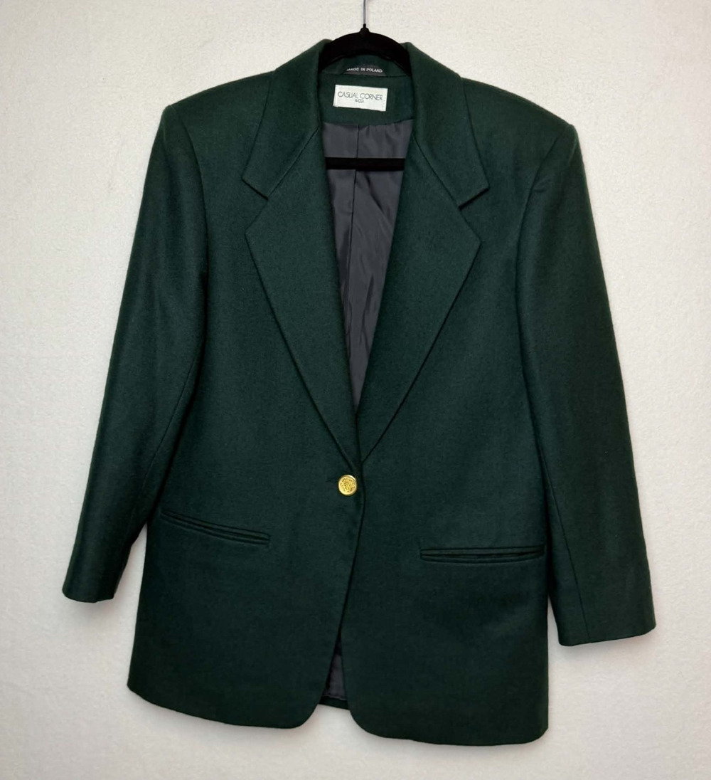 Casual Corner Vintage Dark Green Single Button Wool Blazer Jacket Women Size 8